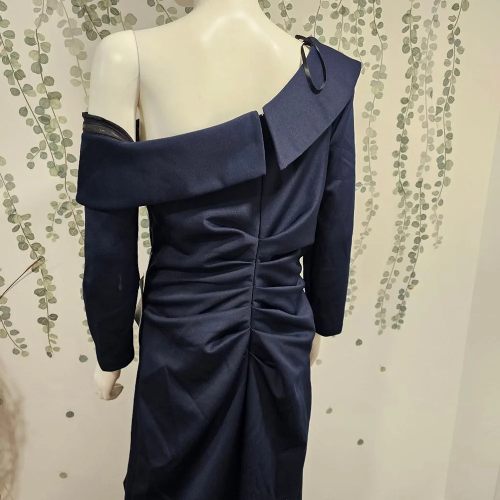 XCAPE Stretch Scuba Crepe Off-the-Shoulder Long Sleeve Mermaid Gown Navy, 16 - Picture 8 of 12